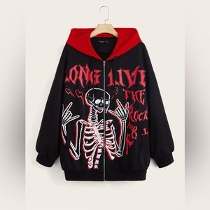ROMWE PUNK Plus Letter & Skeleton Print Drop Shoulder Hoodie